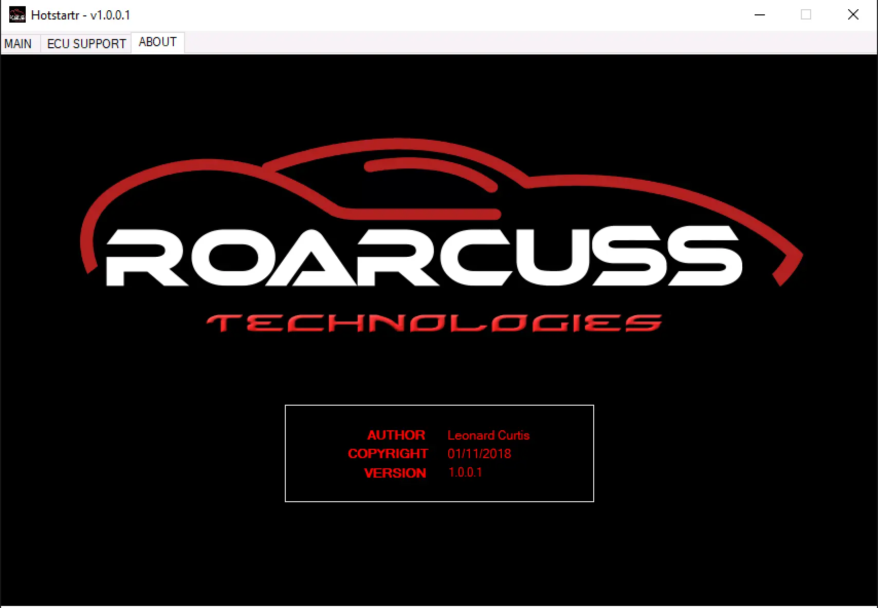 HotStartR 1.0.0.1 about screen showing software version information for the offline ECU file utility.