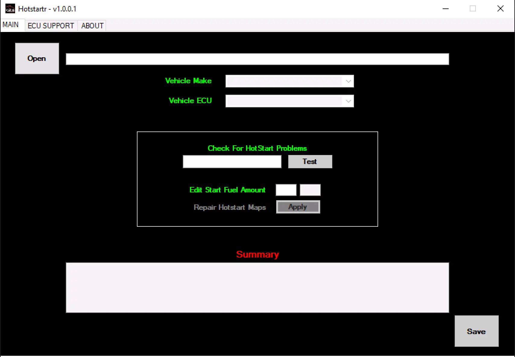 HotStartR 1.0.0.1 main screen for hot-start problem testing and start fuel amount editing in supported ECU files.