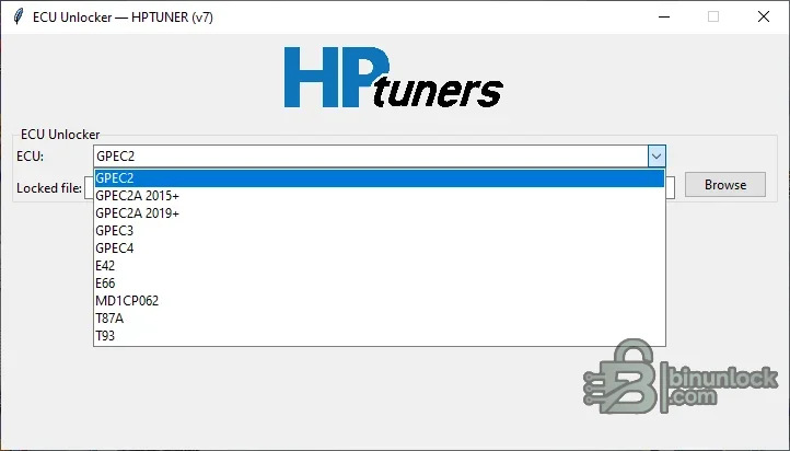 HP Tuners ECU Unlocker interface listing GPEC, E-series, MD1 and transmission controller profiles