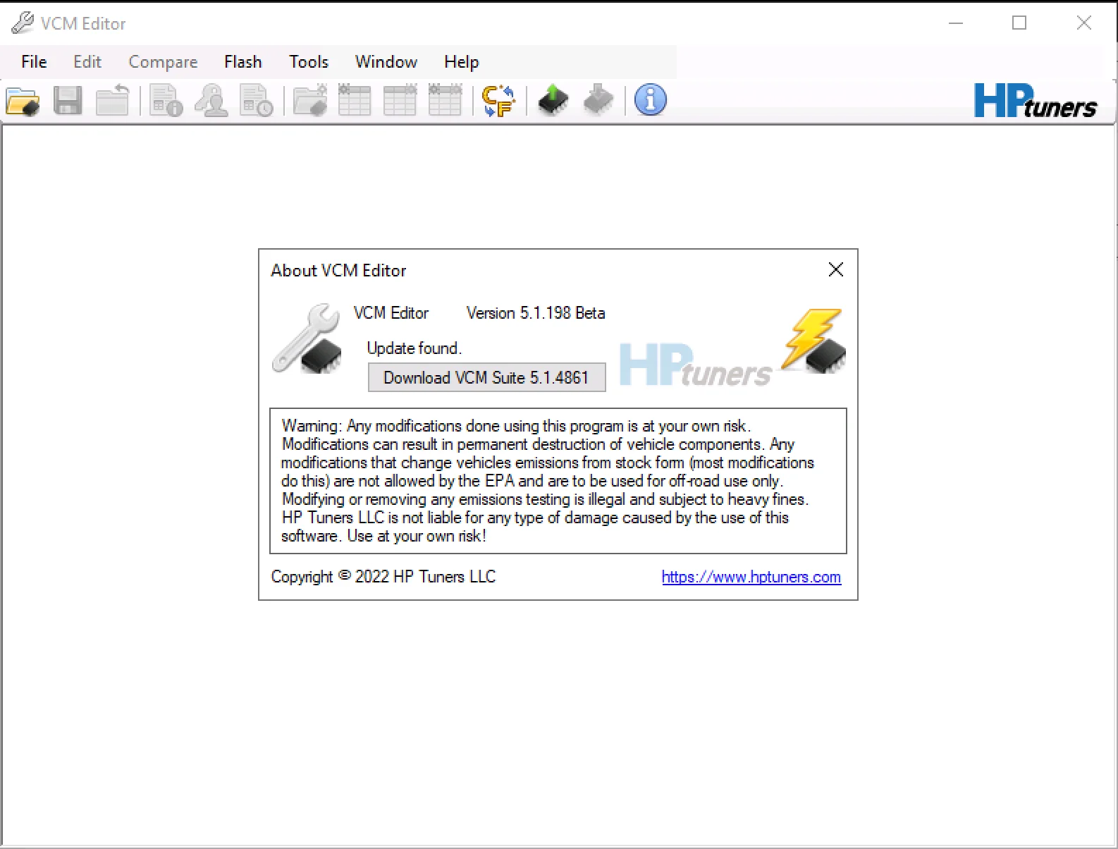 The About window for HP Tuners VCM Editor v5.1.198, showing the version information and a critical warning about emissions laws and user risk.