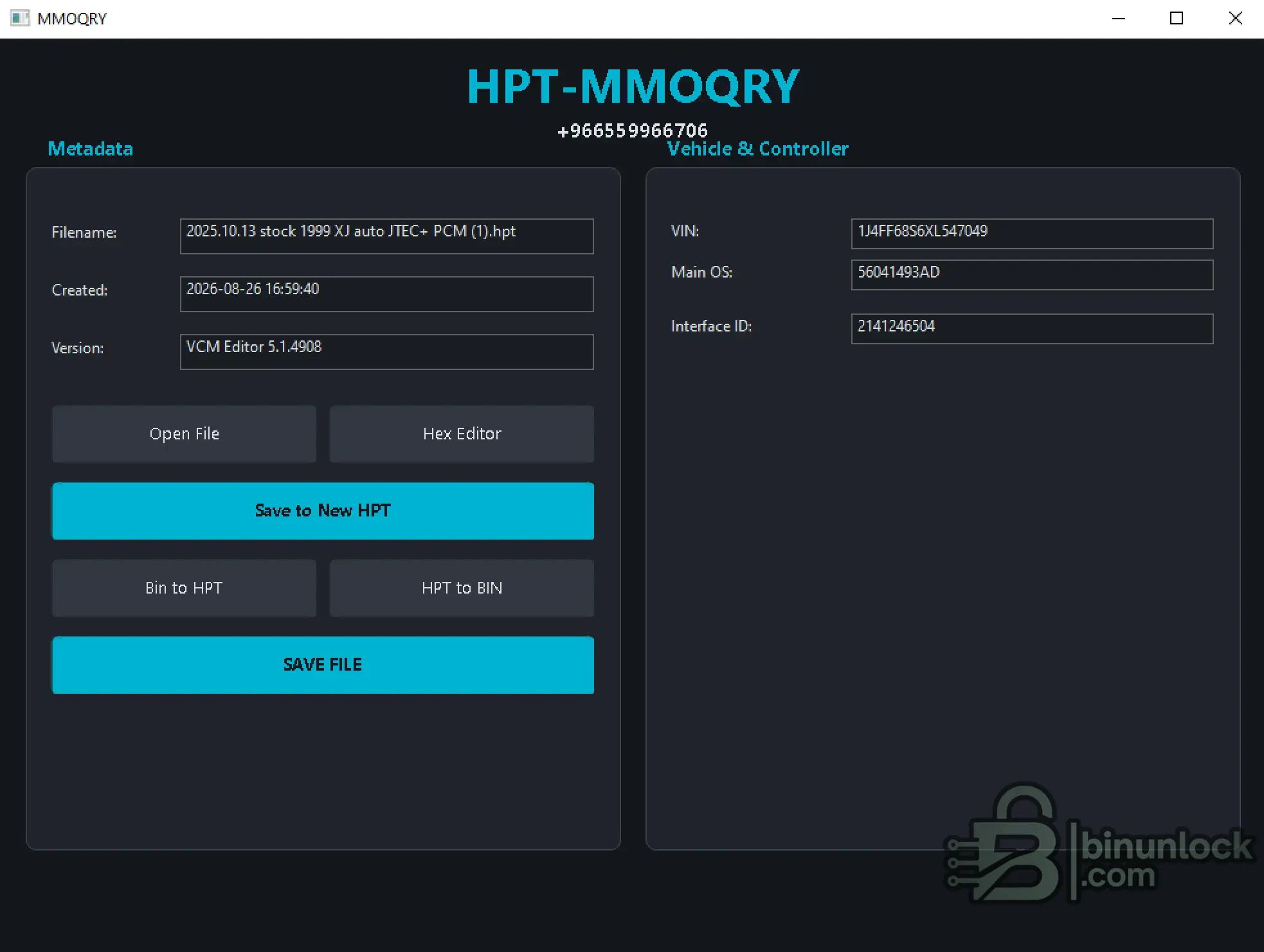 01: HPT-MMOQRY main workspace showing HPT file metadata, VIN, Main OS, Interface ID, HPT BIN conversion, Hex Editor and file save functions.