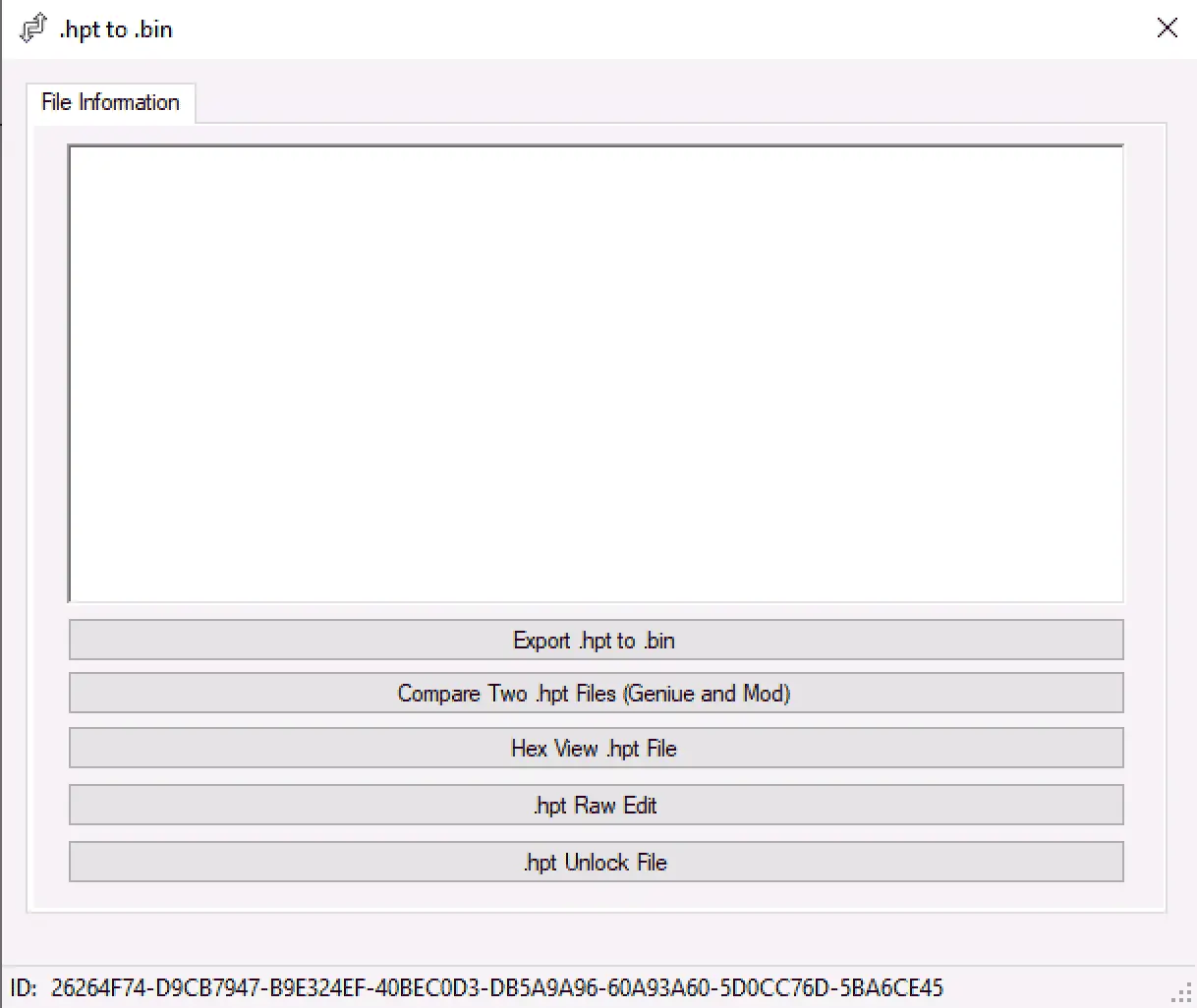 HPT to BIN Converter main interface with options to export .hpt to .bin, compare calibrations, and open hex view