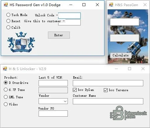 H&S tuner unlocker bundle showing Dodge password generator, H&S PassGen and multi-product unlock dialogs