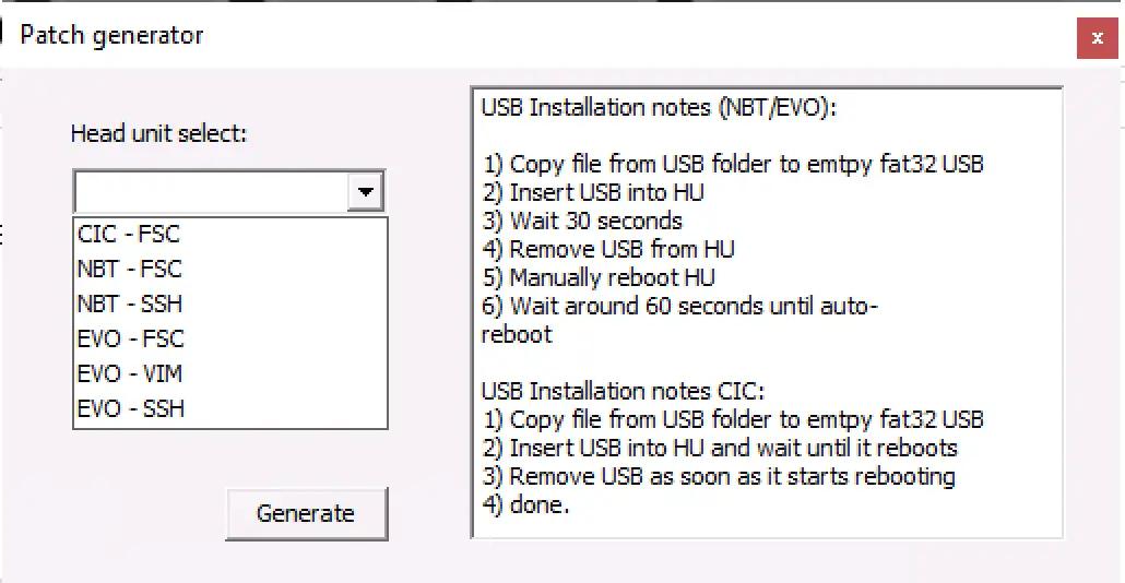 HU Tool v2.6 PRE head unit selection and USB installation notes window for preparing configuration packages.