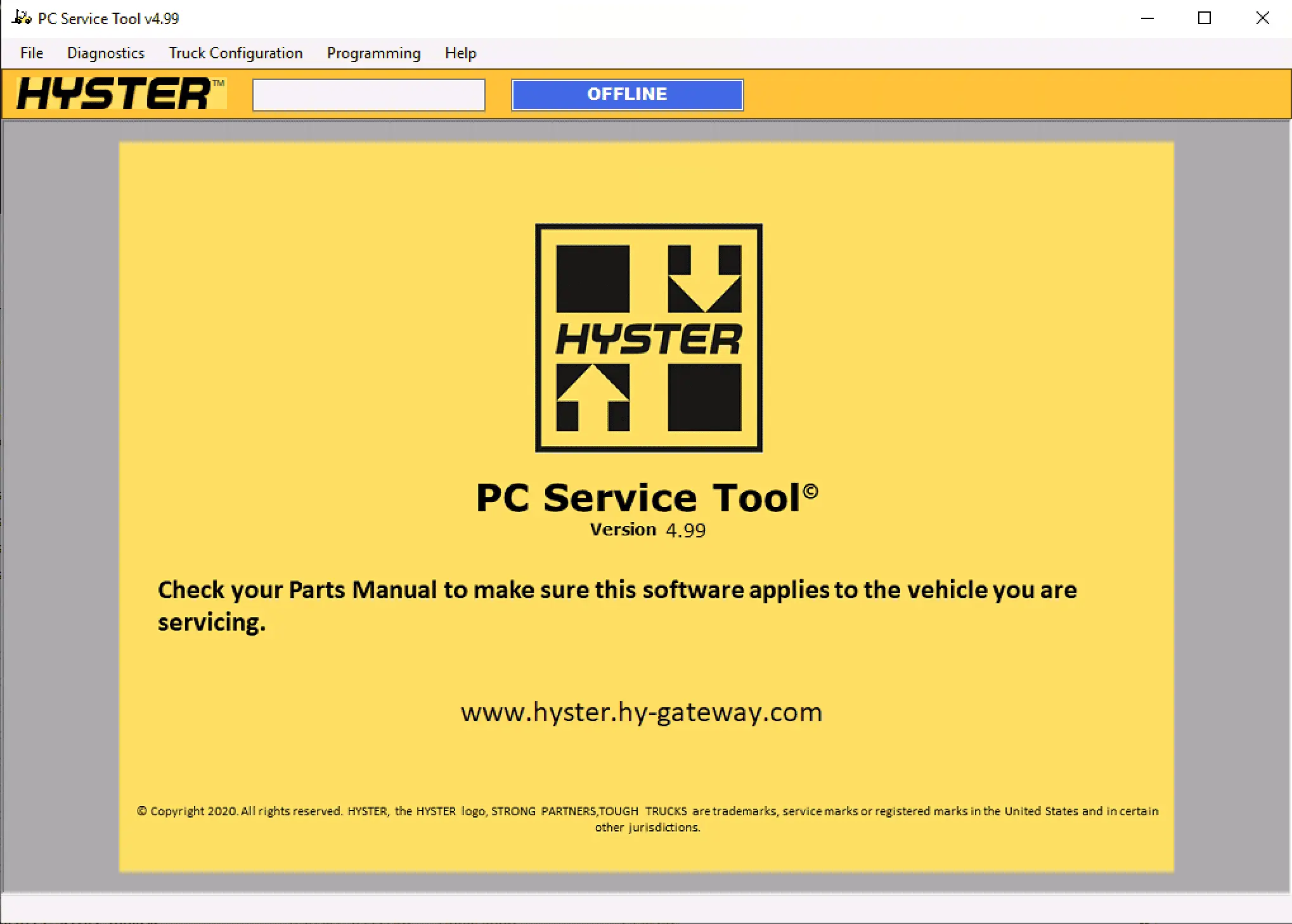 Hyster PC Service Tool v4.99 main screen with Diagnostics Truck Configuration and Programming