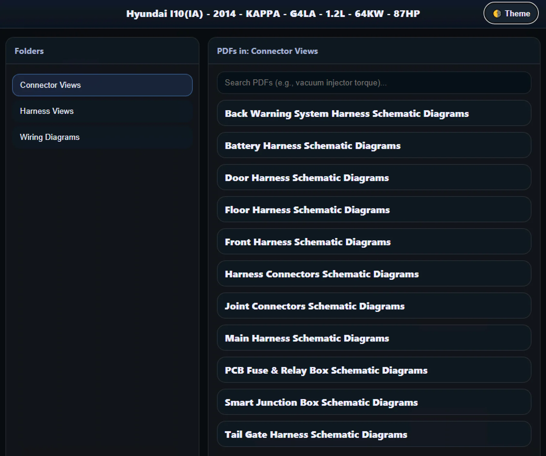 2014 Hyundai i10 (IA) wiring diagram viewer with connector views, harness schematics, and circuit diagrams for G4LA systems.