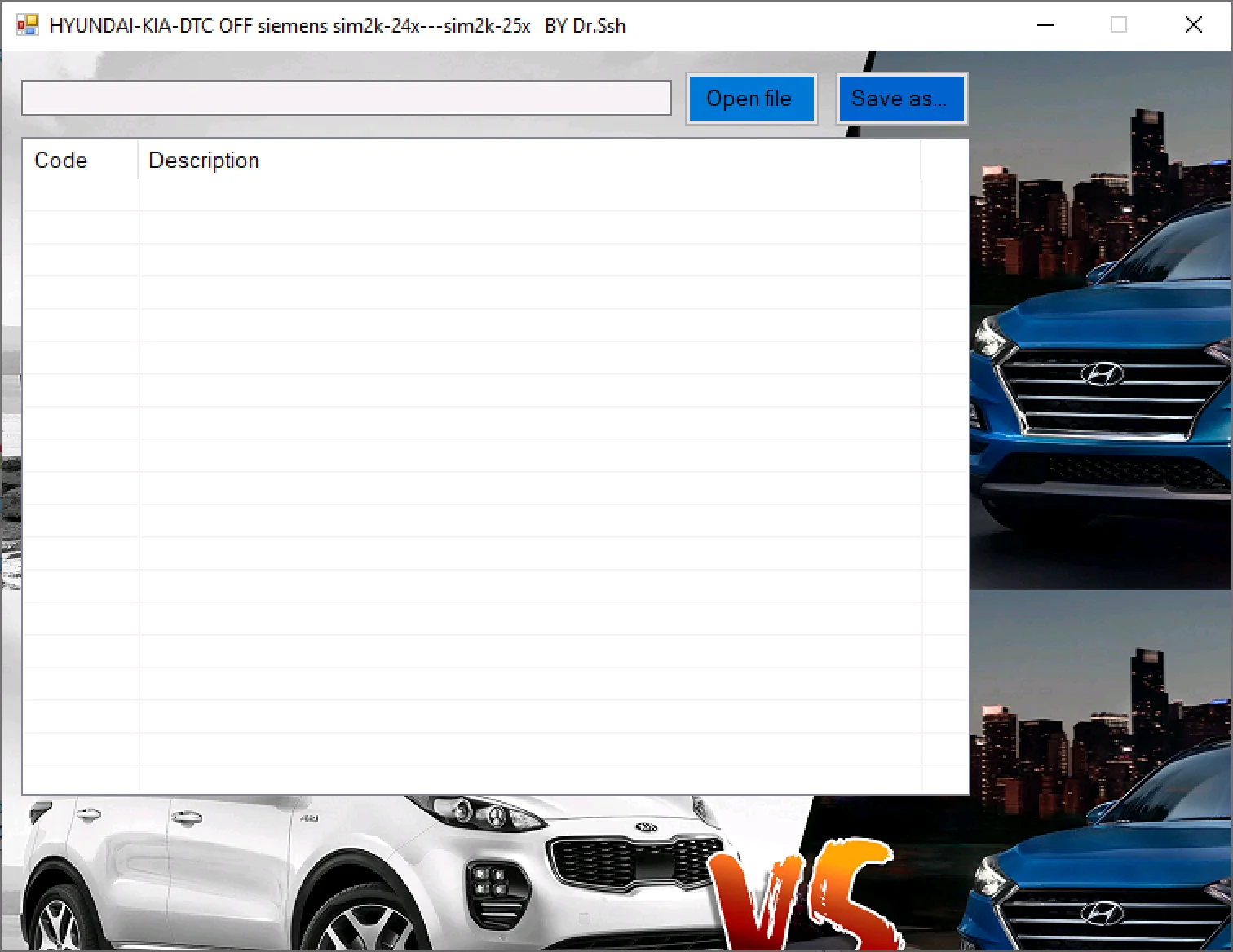 Hyundai Kia DTC Manager v1.x showing SIM2K file open path and DTC table ready for export