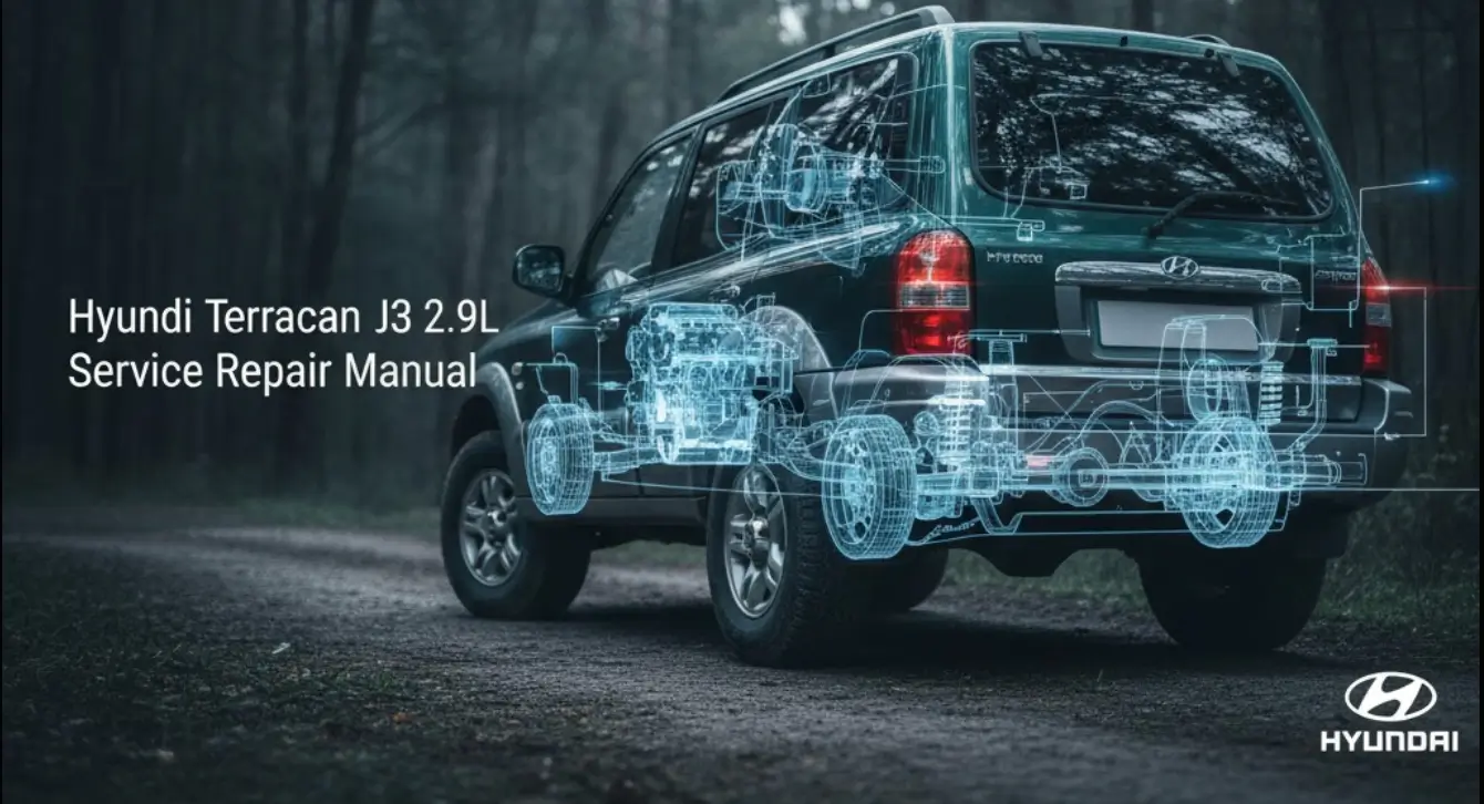 Hyundai Terracan J3 2.9L diesel service repair manual cover showing SUV with digital drivetrain overlay.