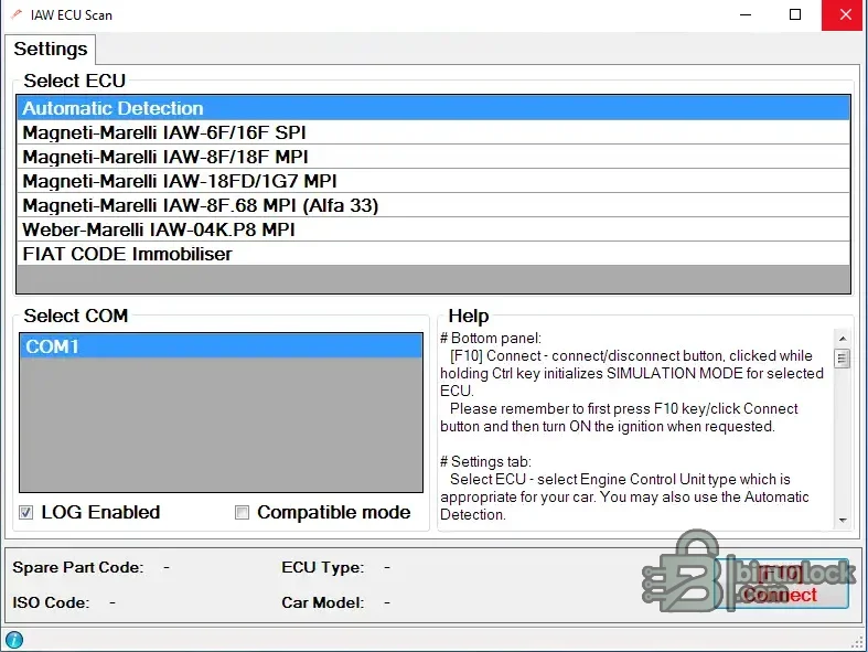 IAW Scan settings with Magneti Marelli ECU profiles, COM port, logging and connection controls