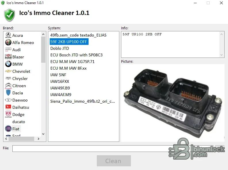 Ico's Immo Cleaner interface showing vehicle brands, ECU systems, solution information, module picture and file selection