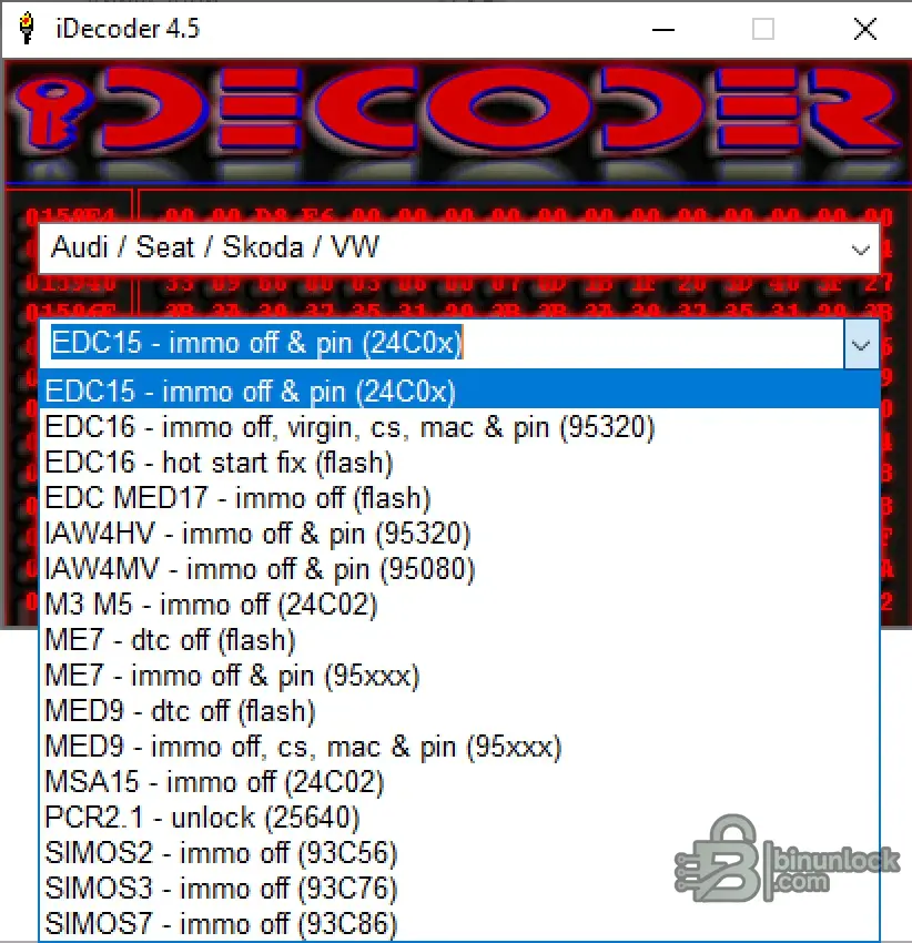 iDecoder 4.5 interface showing VAG ECU options for EDC15, EDC16, MED17, ME7, MED9, PCR2.1 and SIMOS immobilizer processing