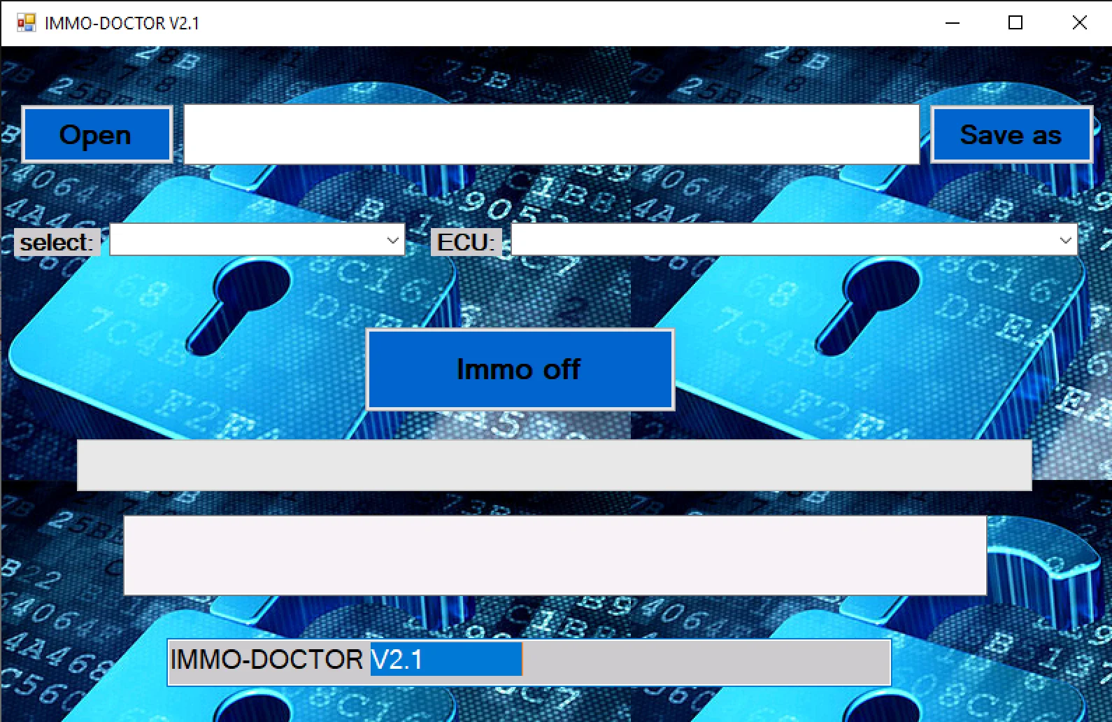 IMMO Doctor v2.1 main screen with open, ecu selection and immo off action for dump processing
