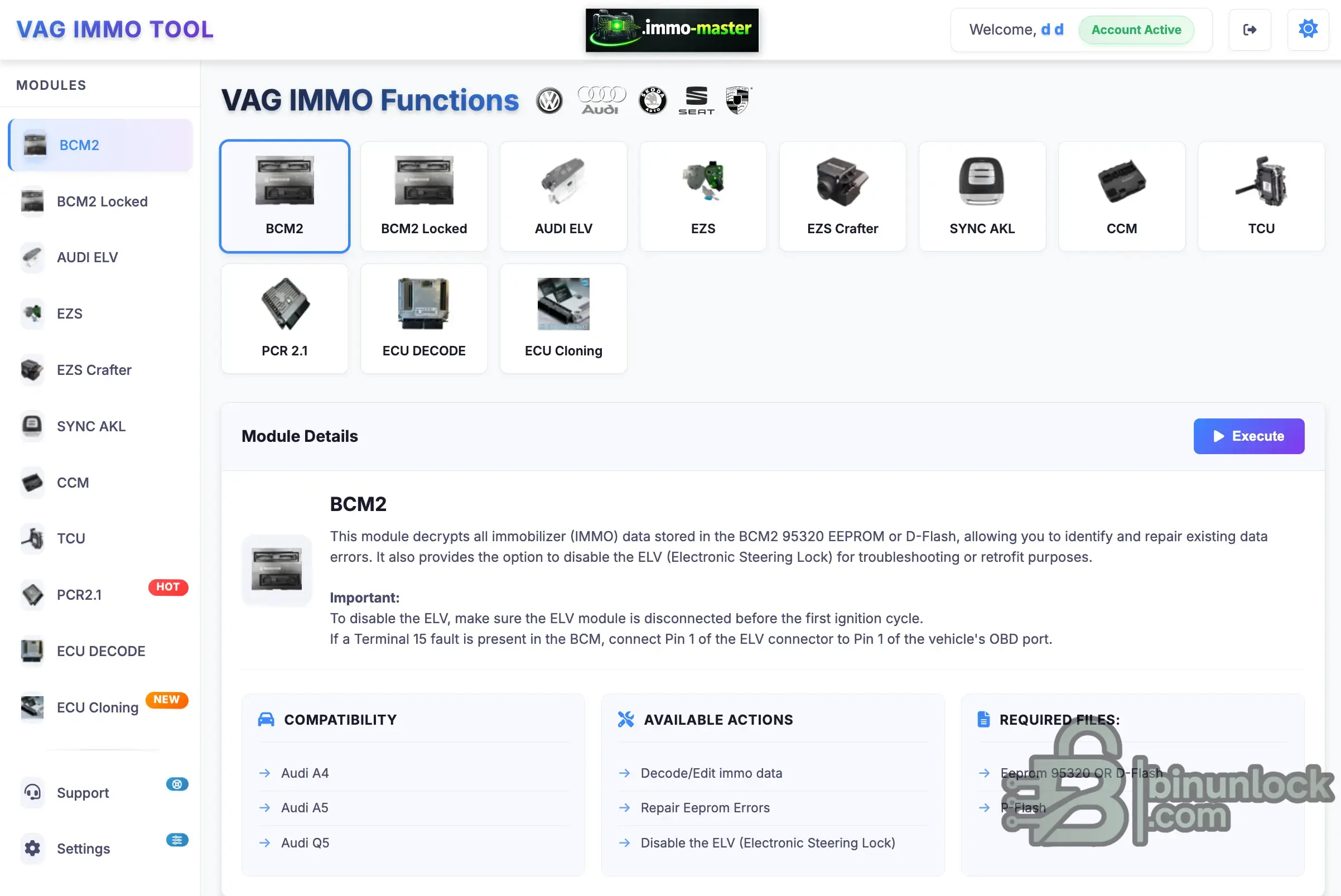 VAG IMMO Tool BCM2 module: decode and edit immobilizer (IMMO) data from 95320 EEPROM or D-Flash, repair EEPROM errors, ELV option; compatible with Audi A4, Audi A5, Audi Q5.