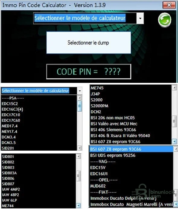 Immo PIN Code Calculator interface with PSA ECU and BSI, VAG EDC and Opel MJD602 dump profiles