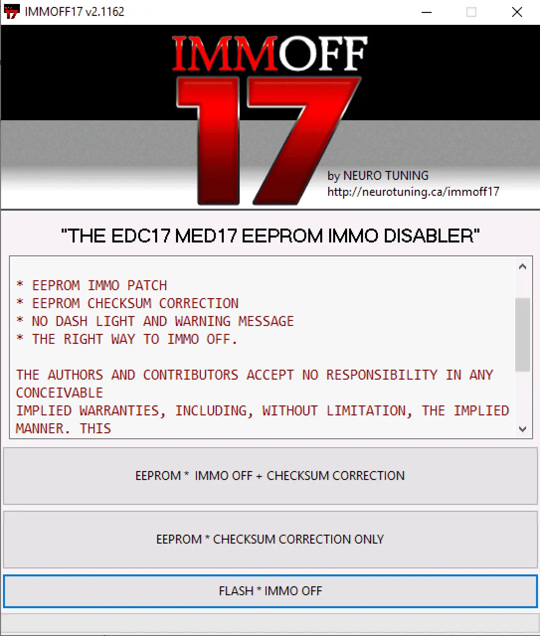 The main interface of IMMOFF17 v2.1162 by Neuro Tuning, a software tool designed to be an EEPROM immo disabler for EDC17 and MED17 ECUs, with functions for patching and checksum correction.