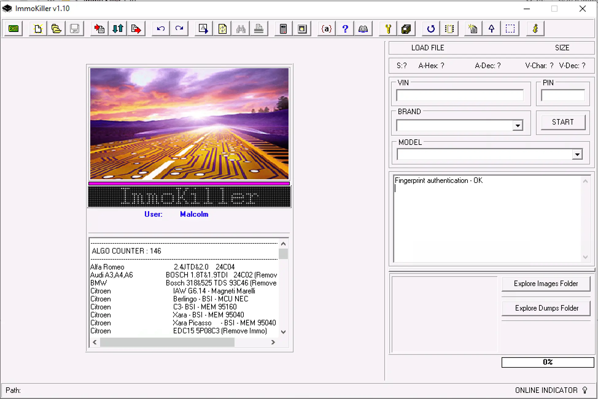 The main interface of ImmoKiller v1.10, showing the file loading area and the start of its list of 146 immobilizer bypass algorithms. 