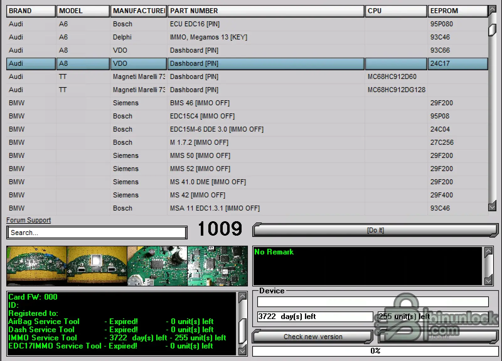 ImmoServiceTool 1009 list view for Audi A6 A8 TT with ECU EDC16 PIN and VDO dashboard PIN entries plus EEPROM families.