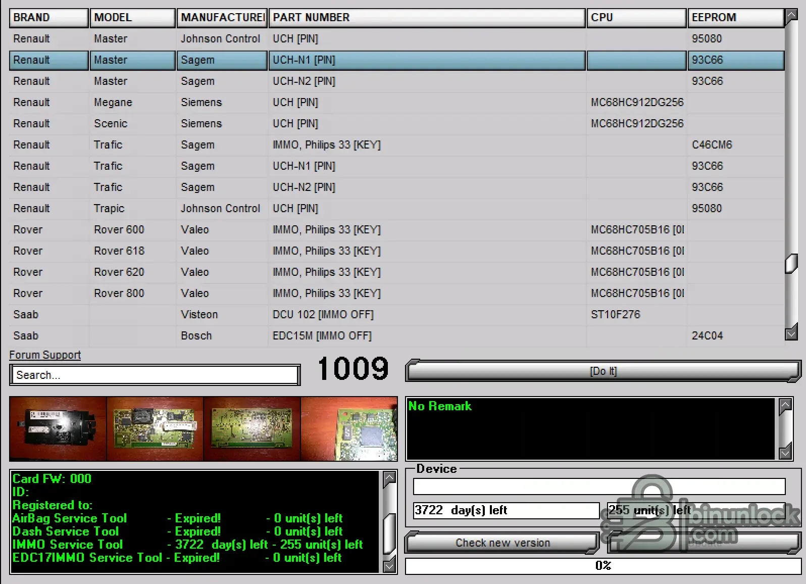 ImmoServiceTool 1009 coverage view for Renault Master Megane Scenic Trafic UCH PIN entries with vendor and EEPROM hints.