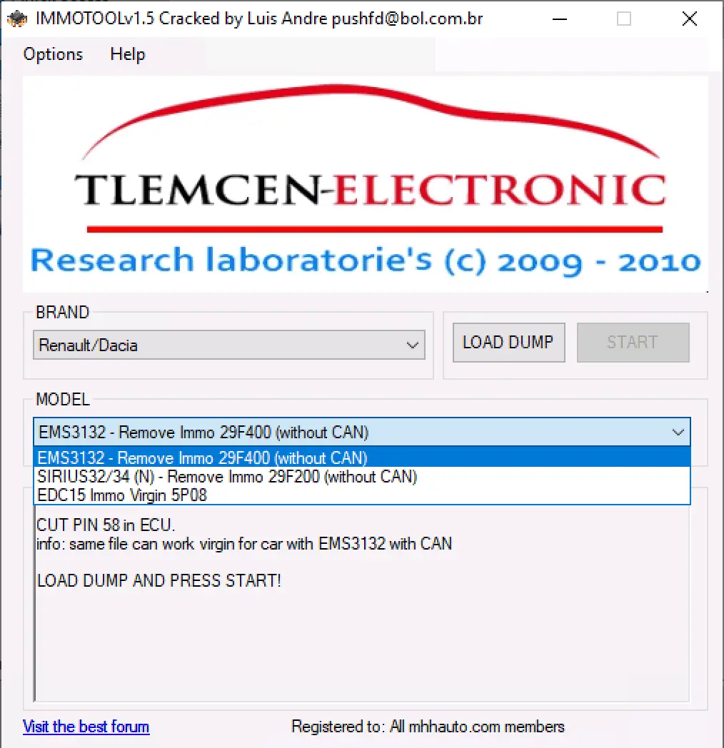IMMOTOOL v1.5 showing the supported ECU models for Renault and Dacia, including EMS3132 and SIRIUS32.