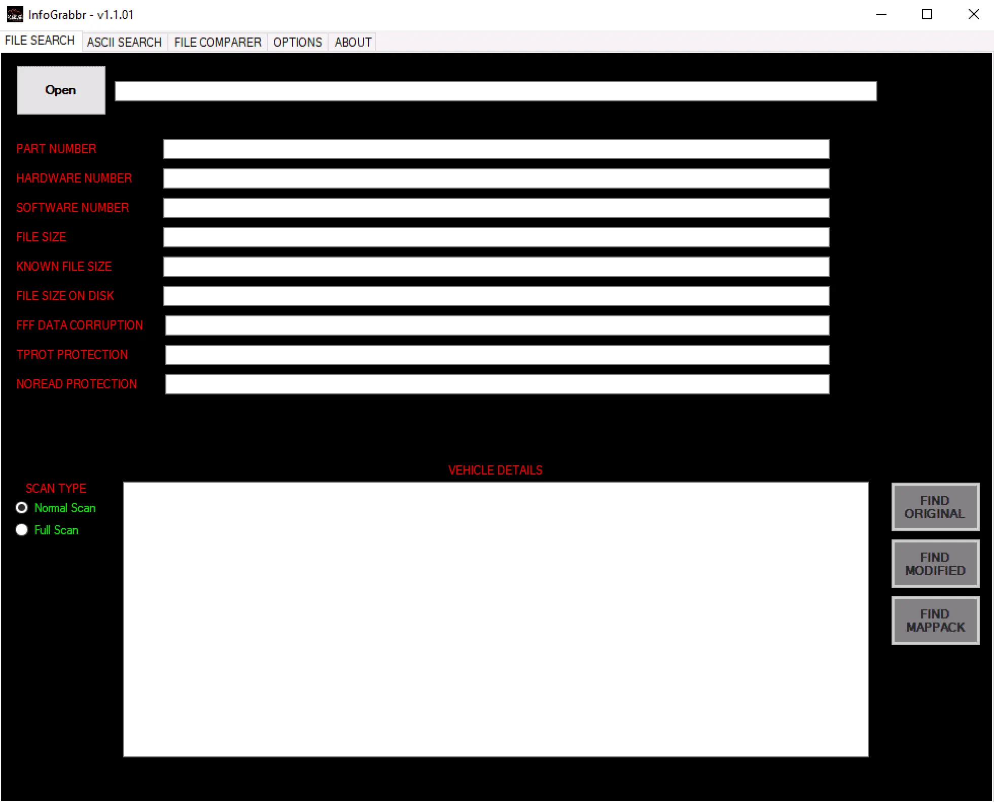 InfoGrabbr v1.1.01 file search showing identifiers and protection hints