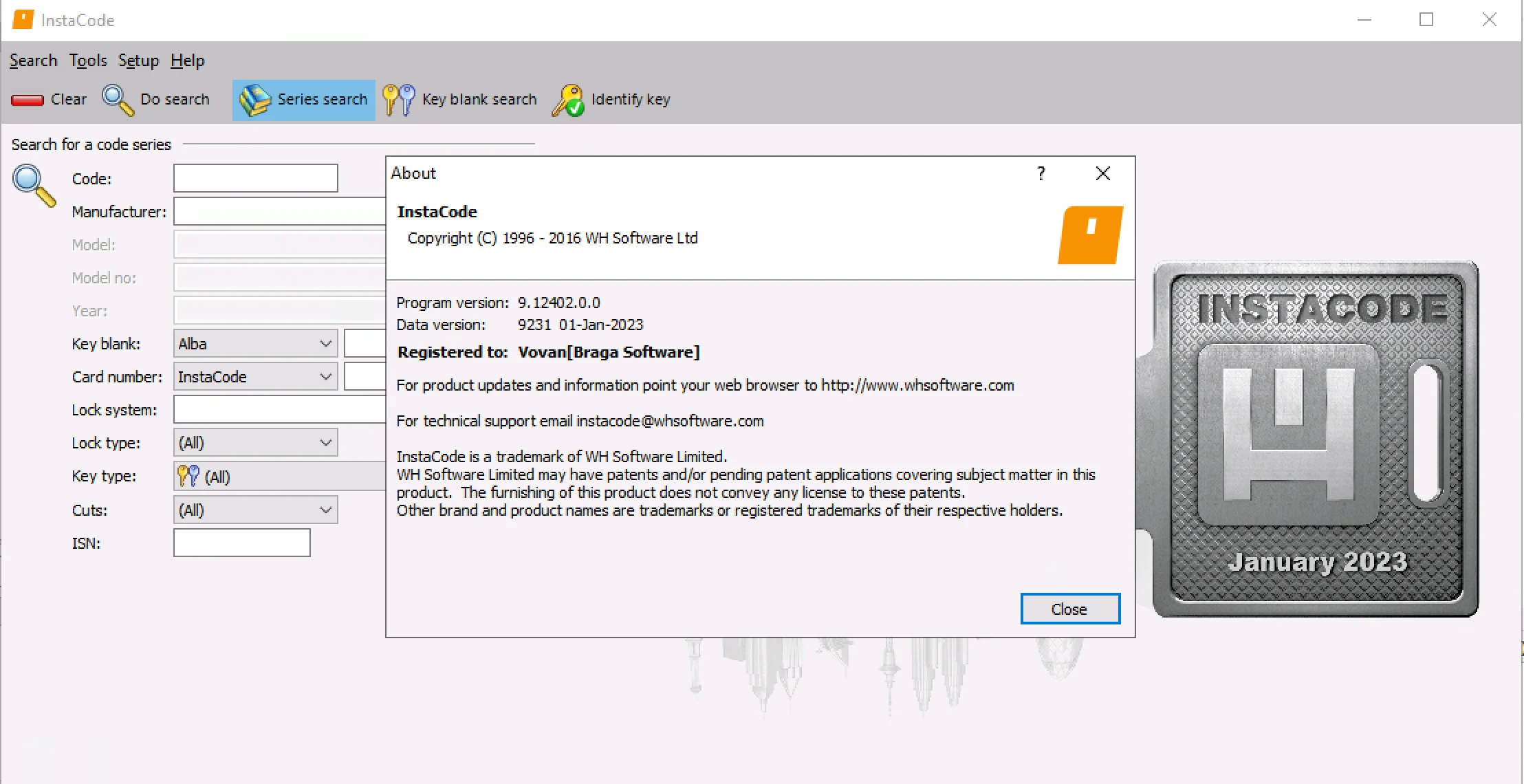 The About window for InstaCode, showing the program version 9.12 and the data version 9231 from January 2023.