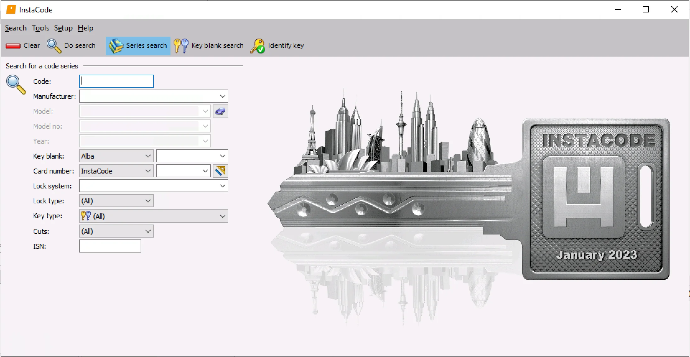 The Series search interface in InstaCode January 2023, with fields to search for key codes by vehicle manufacturer, model, and year.