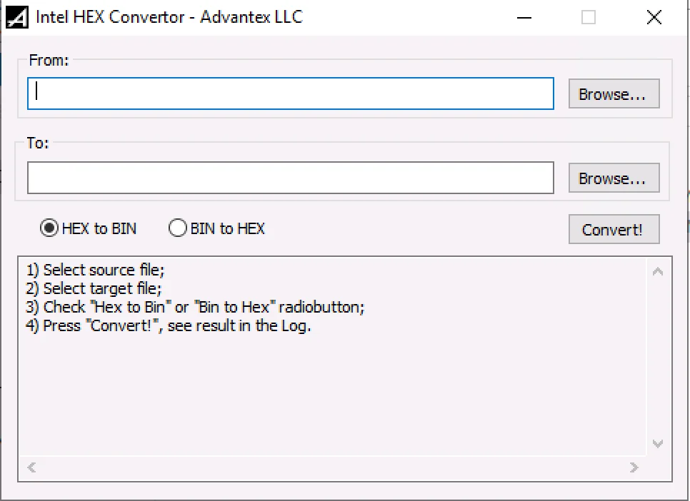 Intel HEX Converter v1.0 main window showing hex to bin and bin to hex options