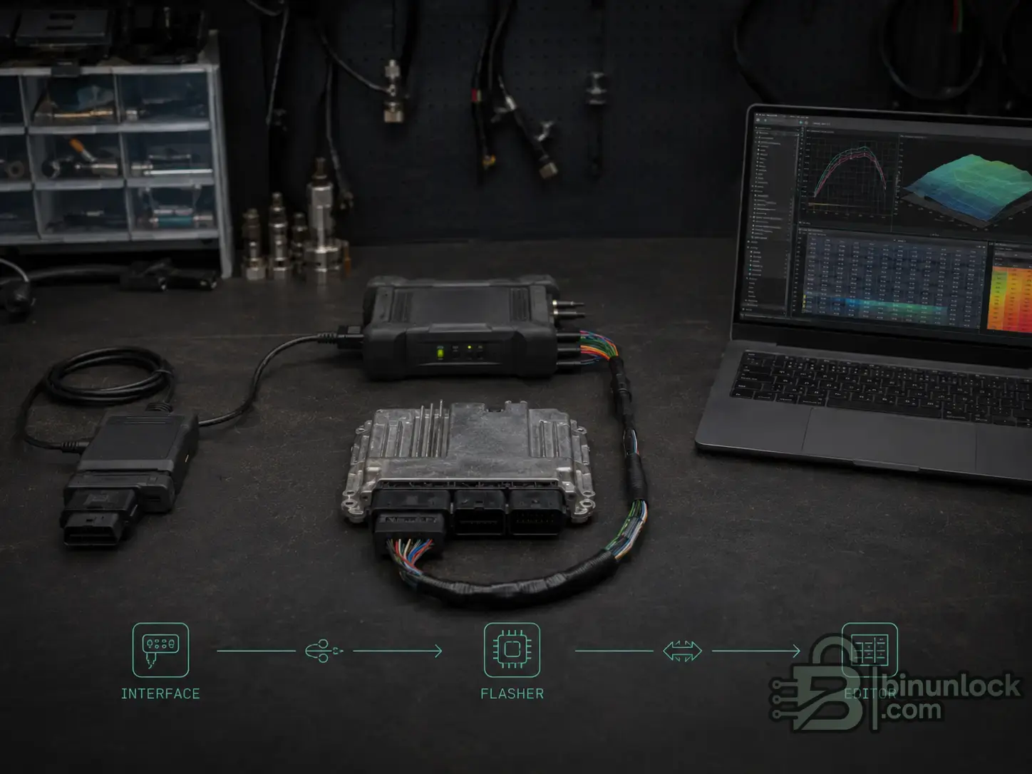 Diagram showing the difference between an ECU interface, flasher and calibration editor.