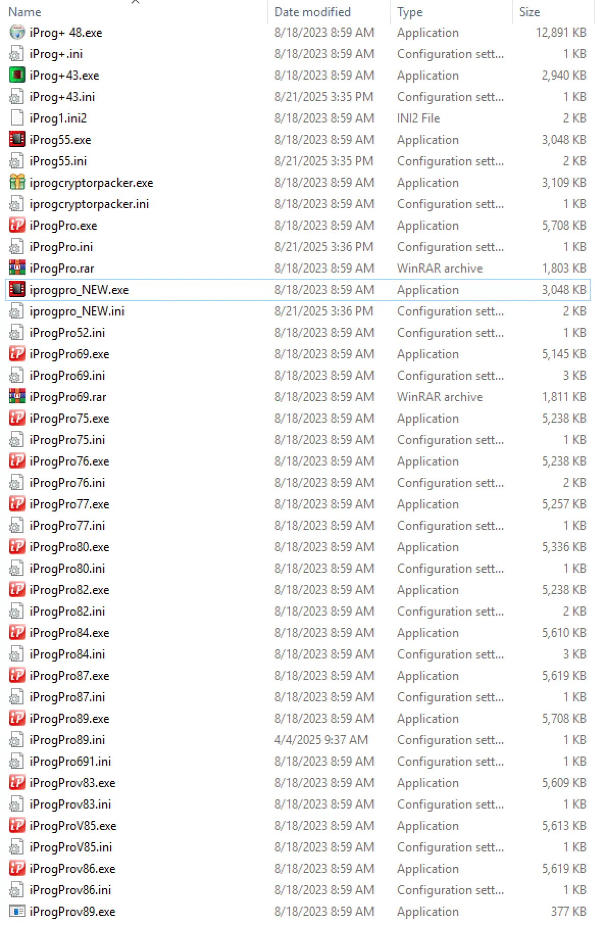 The file list of the iProg Pro All-in-One software package, showing dozens of different executable versions from v43 to v89.