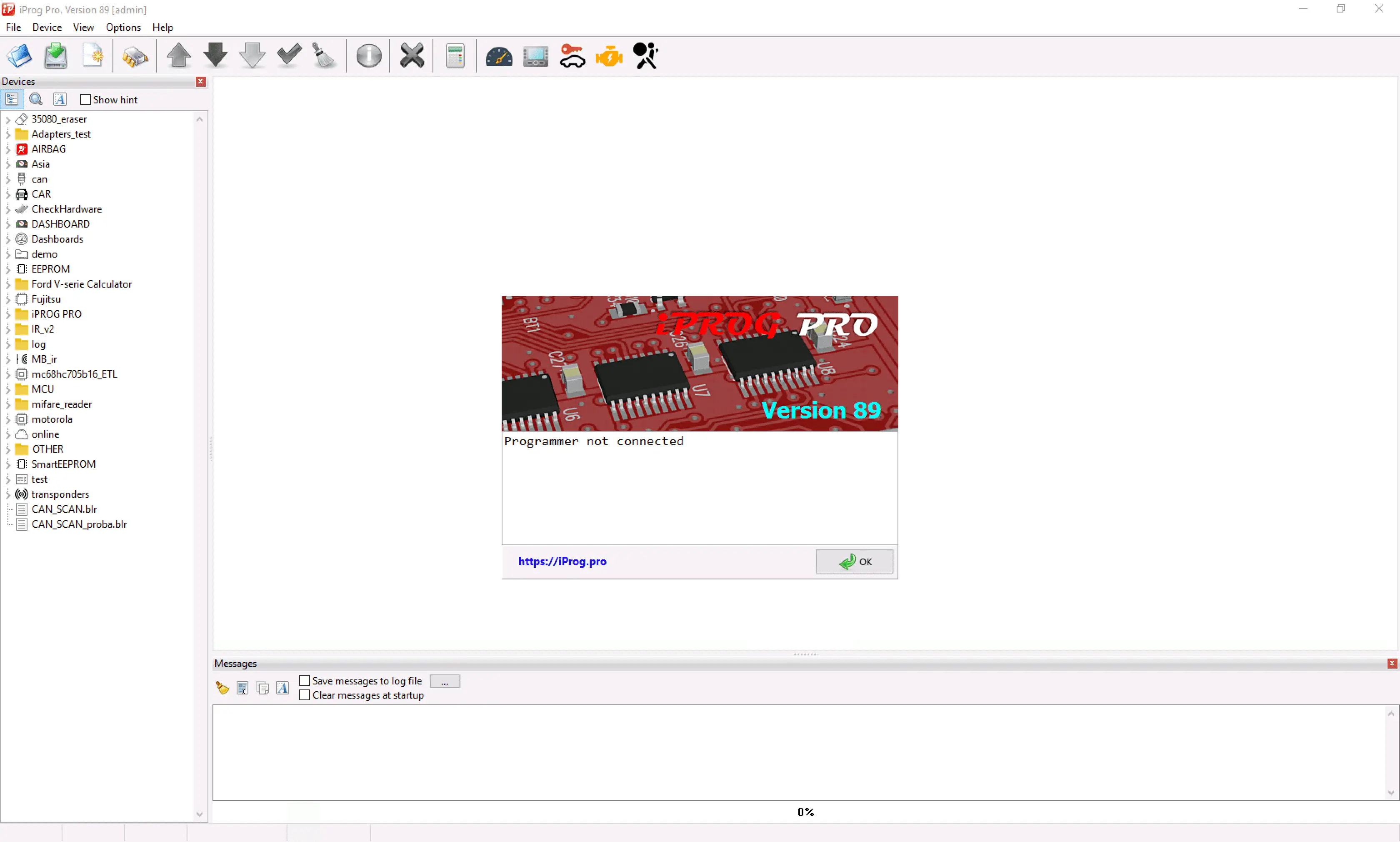 The main software interface of iProg Pro version 89, displaying the device and script tree with options for Airbag, Dashboard, and EEPROM.