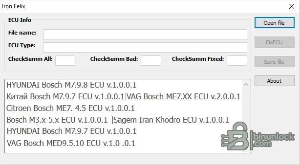 IronFelix Bosch ECU checksum calculator showing file recognition, ECU type and checksum counters