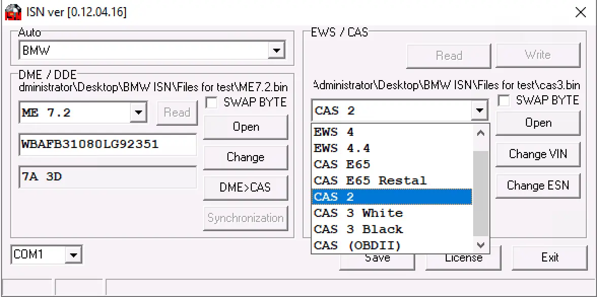 ISN ver 0.12.04.16 showing CAS list (CAS2/CAS3/EWS4), COM port, Read/Write buttons and SWAP BYTE options.