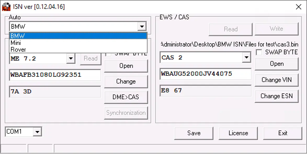 Main screen with brand selector (BMW/Mini/Rover), ME7.2 DME, CAS2 panel, and DME→CAS synchronization workflow.