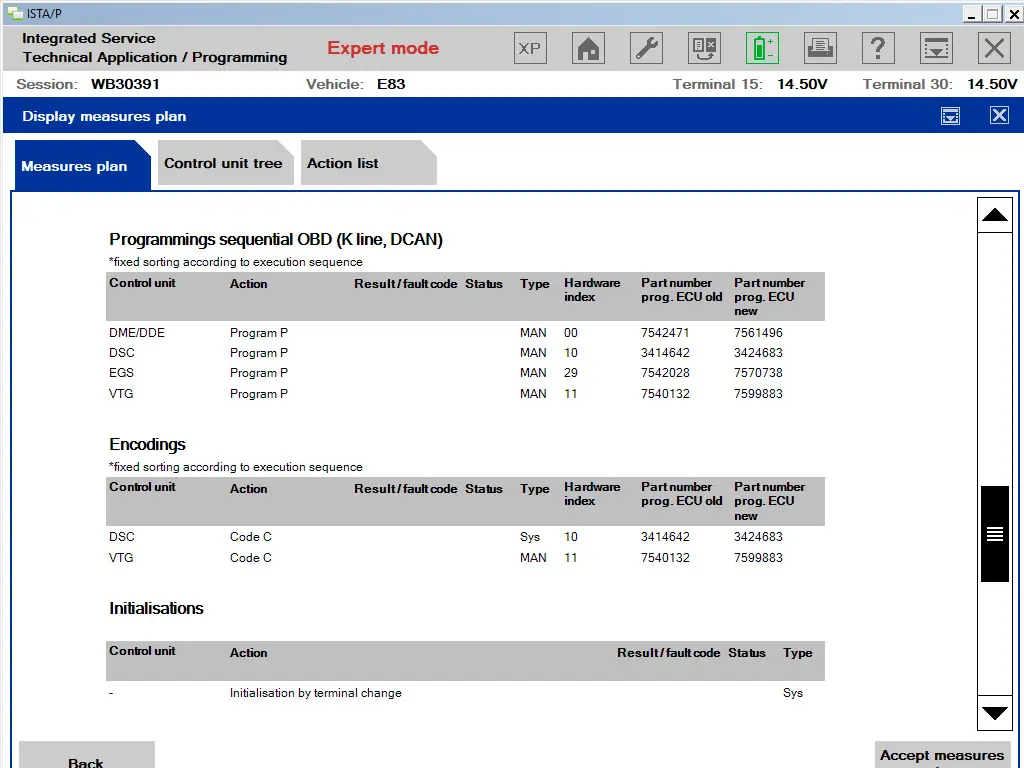 BMW ISTA-P 72.0.300 standalone expert mode screenshot showing programming and encoding measure plan for multiple ECUs