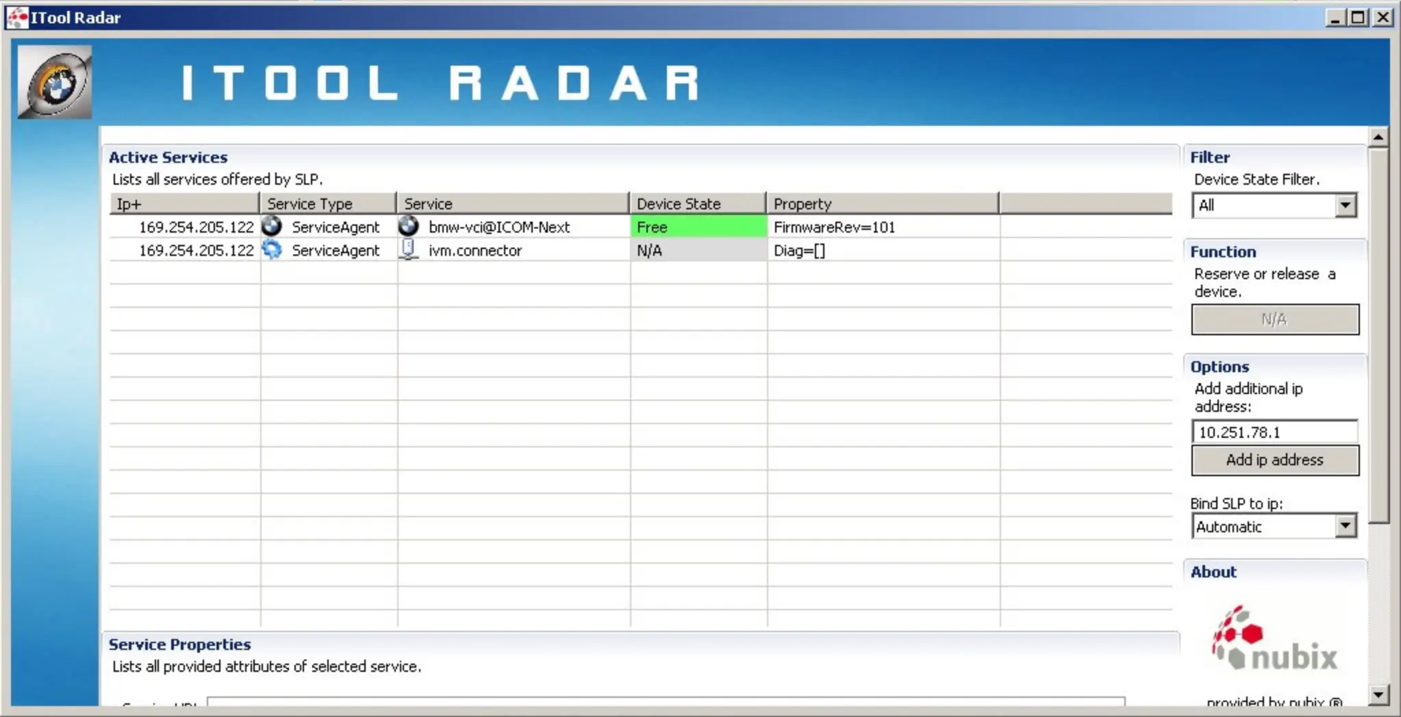 ITool Radar listing ServiceAgent bmw-vci@ICOM-Next with device state Free and reserve/release controls.