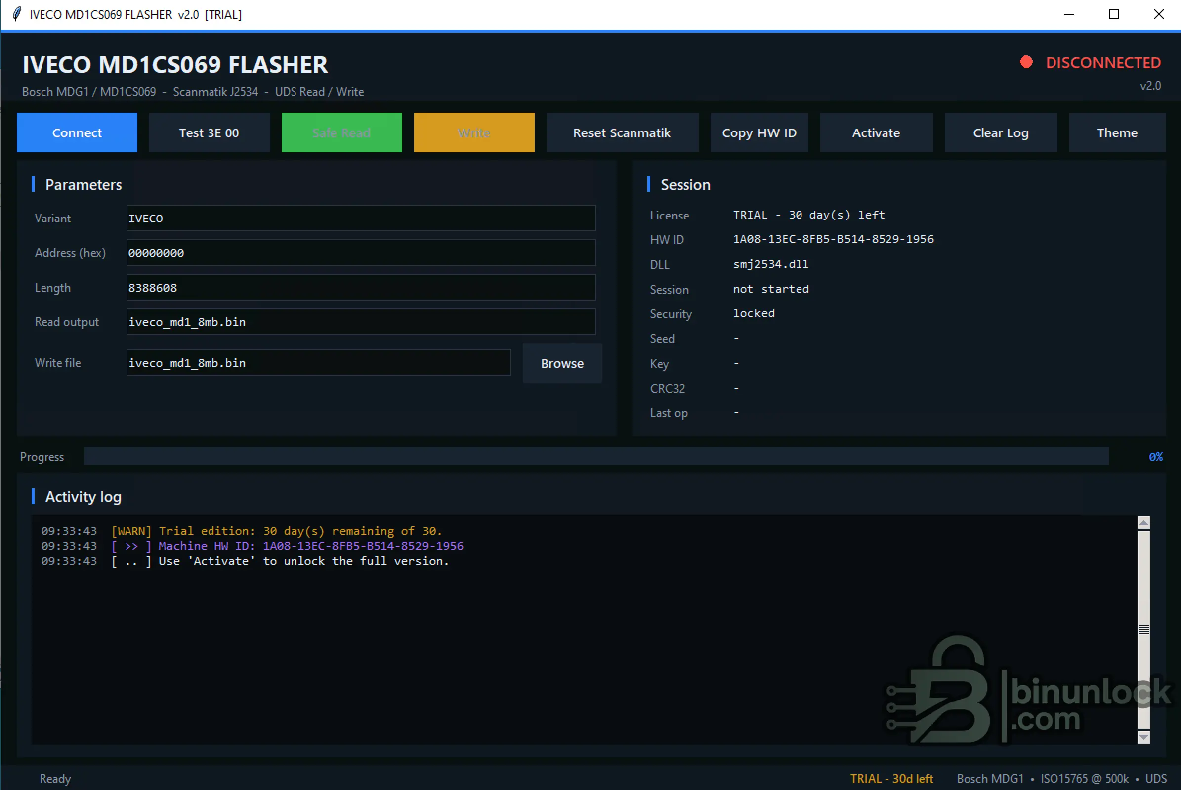 IVECO MD1CS069 Flasher software interface for Bosch MD1 ECU bench read and write operations using Scanmatik J2534.