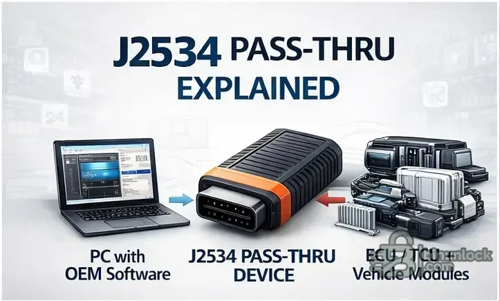 Cover image: J2534 Pass-Thru overview — PC with OEM software connects through a J2534 interface to ECU/TCU and vehicle modules.