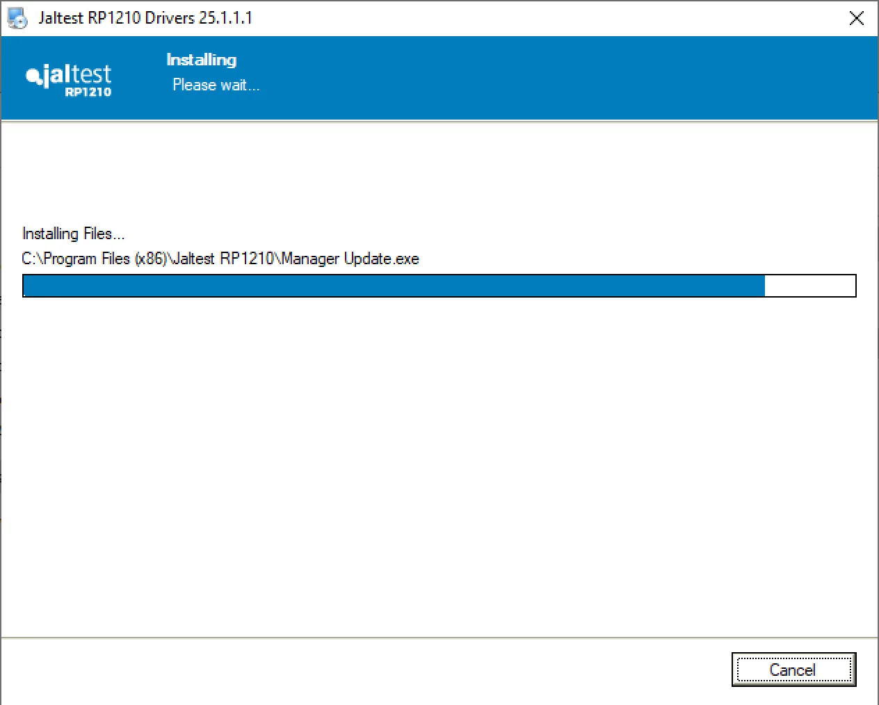 Jaltest RP1210 Drivers 25.1.1.1 installation progress showing Manager Update component on Windows.