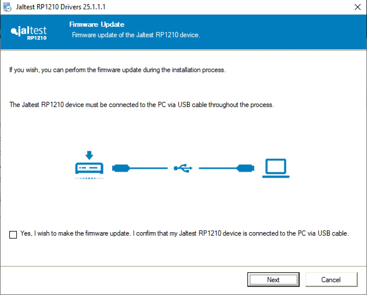 Jaltest RP1210 Drivers 25.1.1.1 firmware update step for Data-Link VCI on Windows via USB.