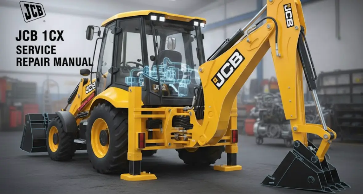 JCB 1CX backhoe loader workshop service repair manual promotional image with machine cutaway