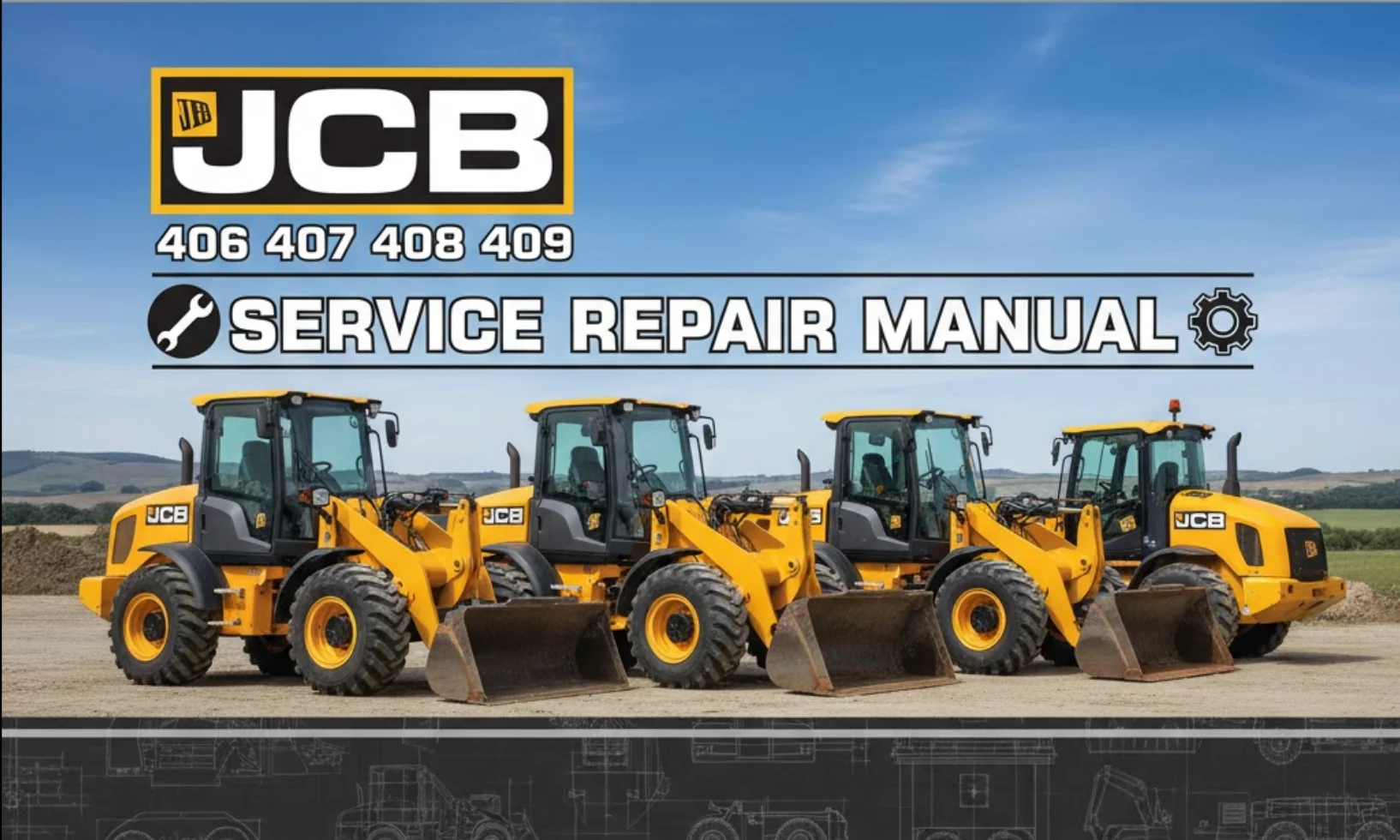 JCB 406 407 408 409 service repair manual cover showing compact wheel loaders lineup