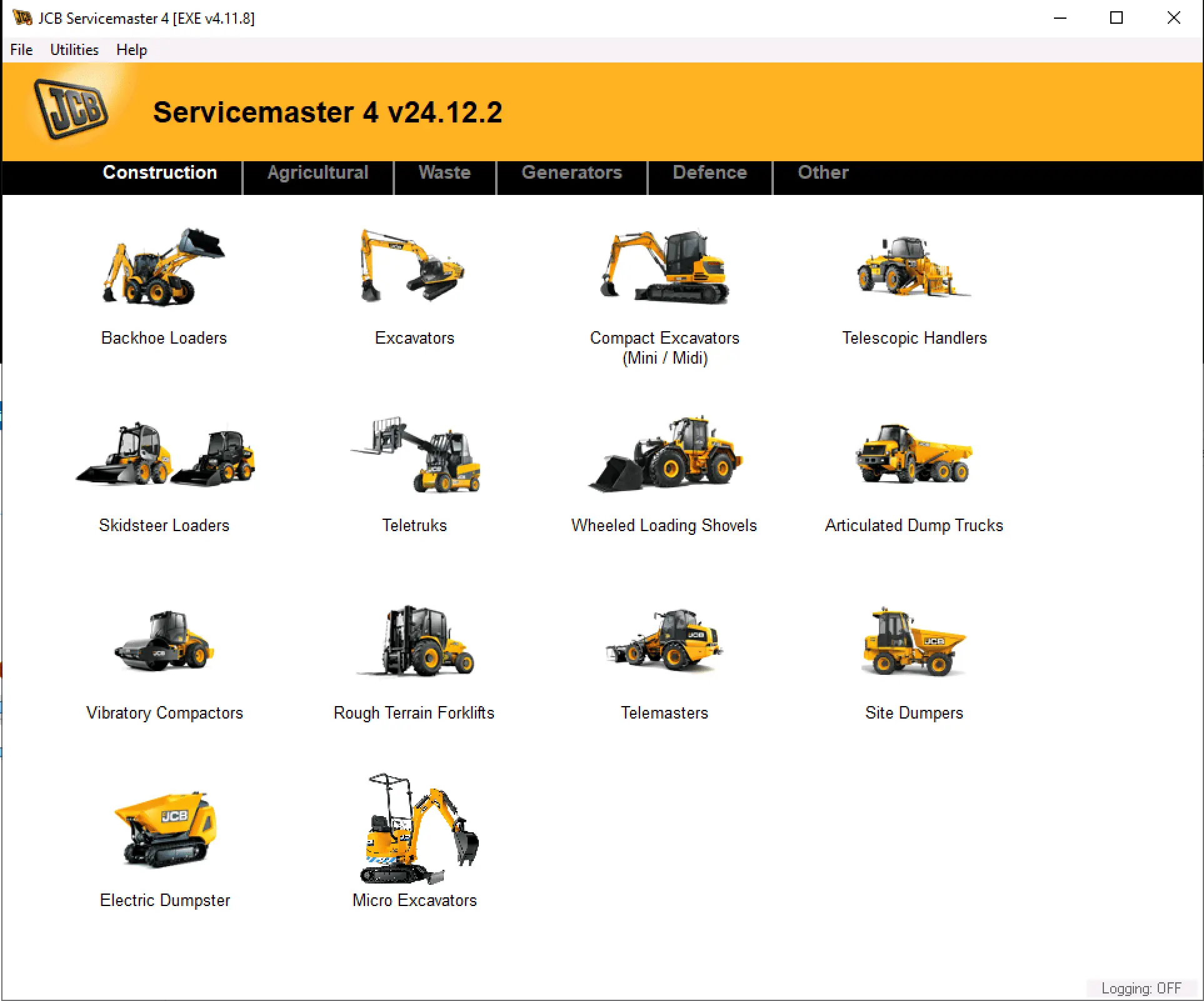 The Construction menu in JCB Servicemaster 4, showing the wide range of supported equipment like Backhoe Loaders, Excavators, and Skidsteer Loaders.