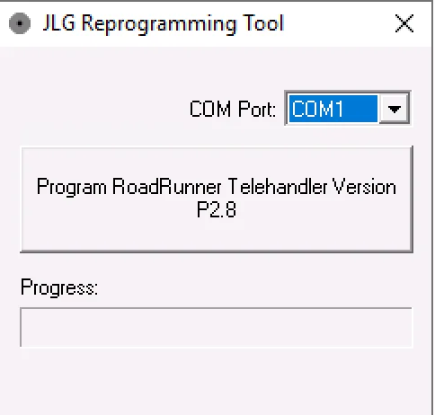 JLG Reprogramming Tool P2.8 screen with COM port selector for RoadRunner telehandler control module programming.