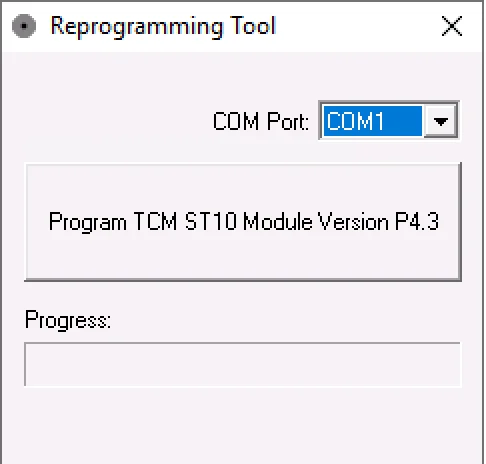 Reprogramming Tool P4.3 screen showing COM port selection for TCM ST10 module firmware update on telehandlers.