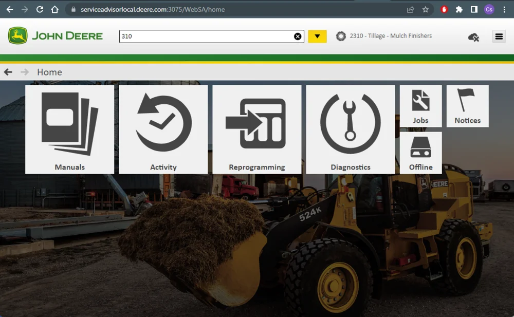 John Deere Service Advisor v5.3.210 home screen with manuals reprogramming and diagnostics