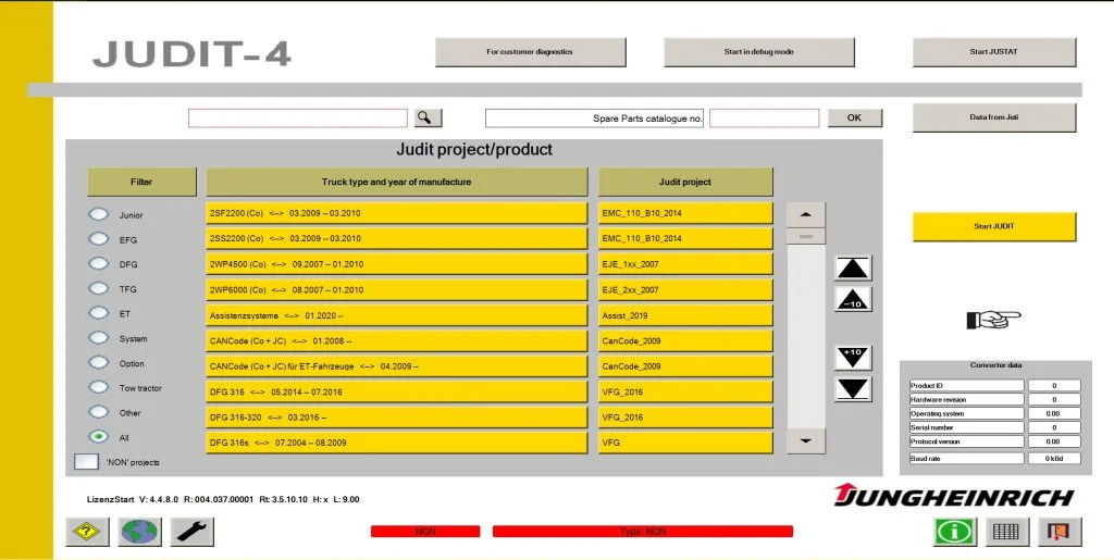 JUDIT-4 main screen showing project and product selector with diagnostics and EPC access