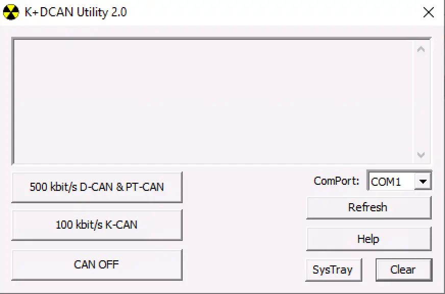 K+DCAN Utility 2.0 main window showing 100k K-CAN and 500k D-CAN PT-CAN mode buttons and COM port selector.