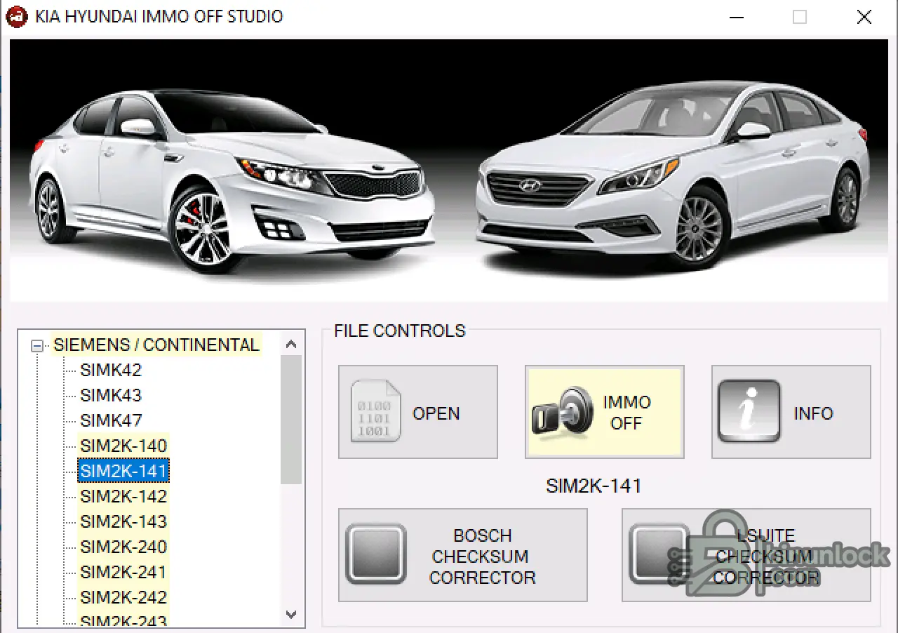 Kia Hyundai IMMO Off Studio interface with SIMK and SIM2K ECU selection, IMMO OFF processing and Bosch or LSuite checksum correction tools