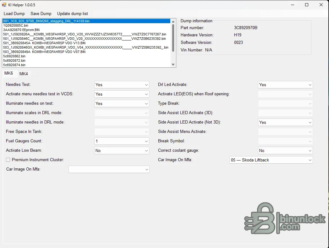 KIHelper interface showing VAG instrument-cluster dump identification and MK4/MK6 configuration fields