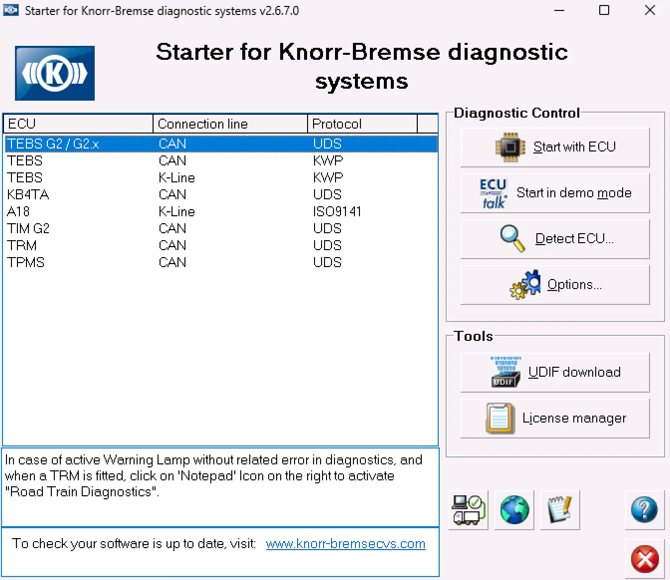 Knorr-Bremse Diagnostics Systems 07.2025 starter for ECUtalk TEBS G2 showing CAN and UDS protocol selection.